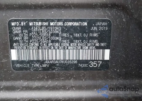 2019 Mitsubishi Outlander Sport 2.0 Es из США, поврежденный, VIN JA4AR3AU7KU035296